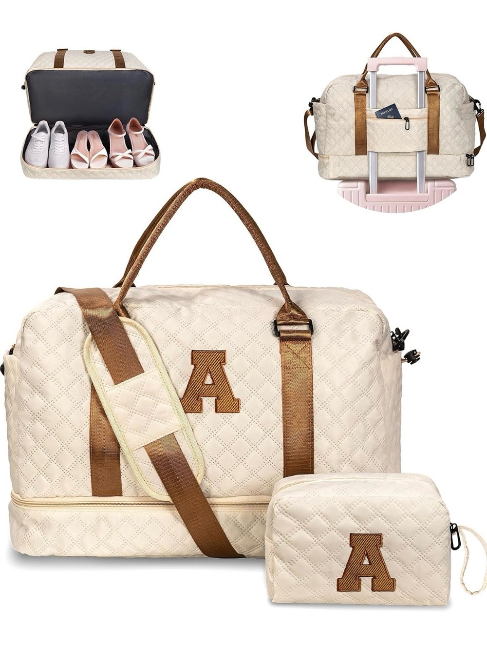 Quilted Duffel Bag Set Matching Toiletry Bag “A” Travel Gym Vogewood Ivory